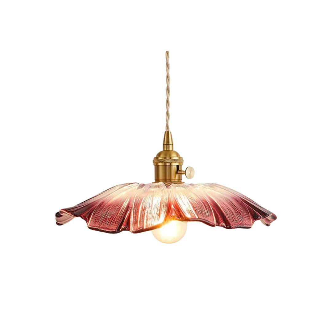 Flower-shaped pendant light – Deep red glass with a gold socket, perfect for the dining room or living room