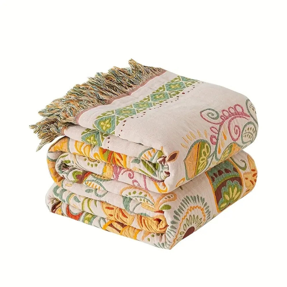 Reversible bohemian throw – Cotton, autumn flower design with pom-poms for the sofa or bed