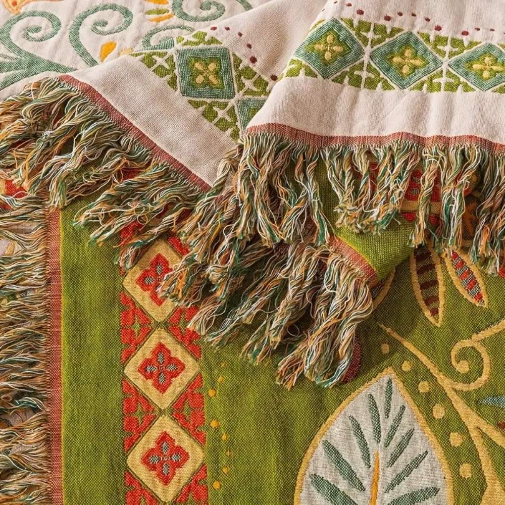 Reversible bohemian throw – Cotton, autumn flower design with pom-poms for the sofa or bed