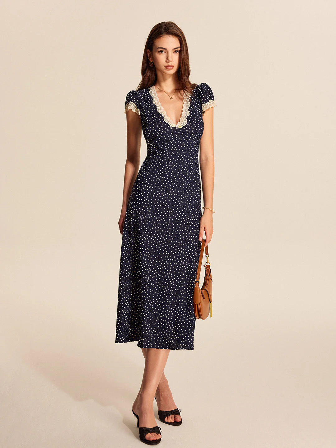 Robe Midi Femme à Pois, Col V Profond en Dentelle, Manches Courtes