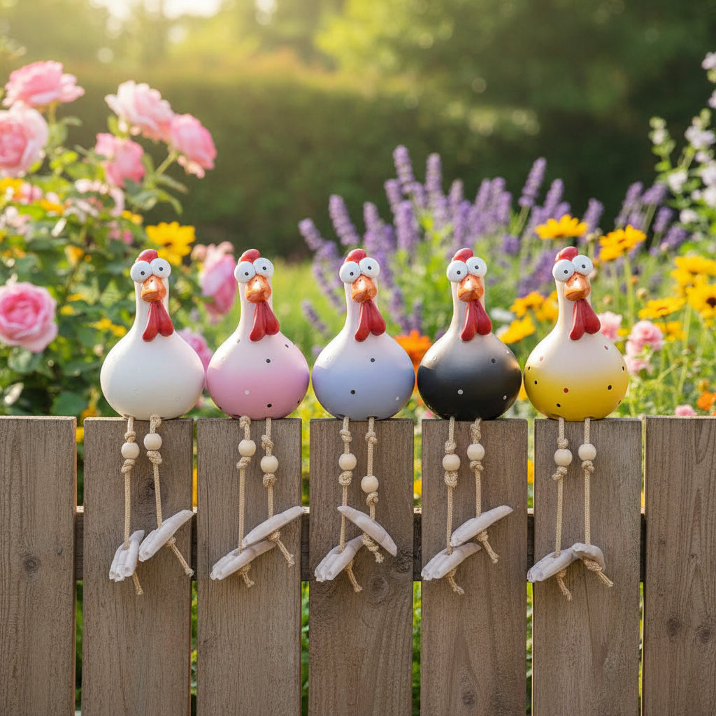 Garden Figurine – Weather-resistant resin, movable chickens for a playful garden decoration