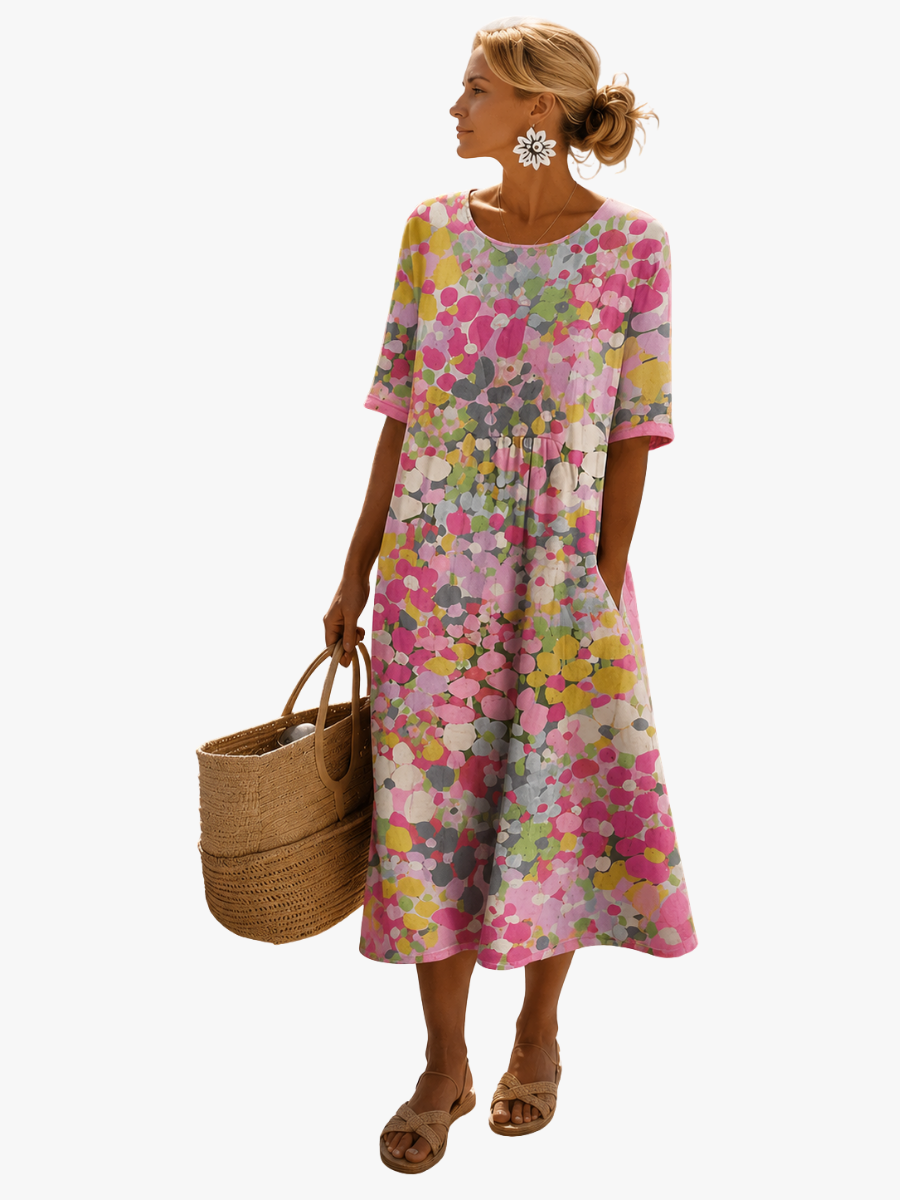 Robe Midi Fleurie Femme en Polyester, Manches Courtes
