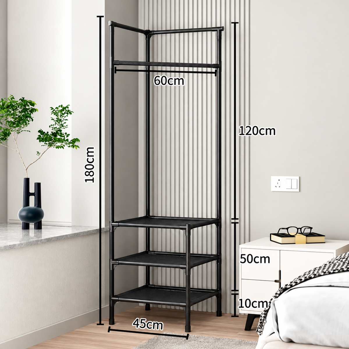 Étagère d'angle – Métal Noir, Design Moderne pour le Rangement de Vêtements dans le Hall ou la Chambre