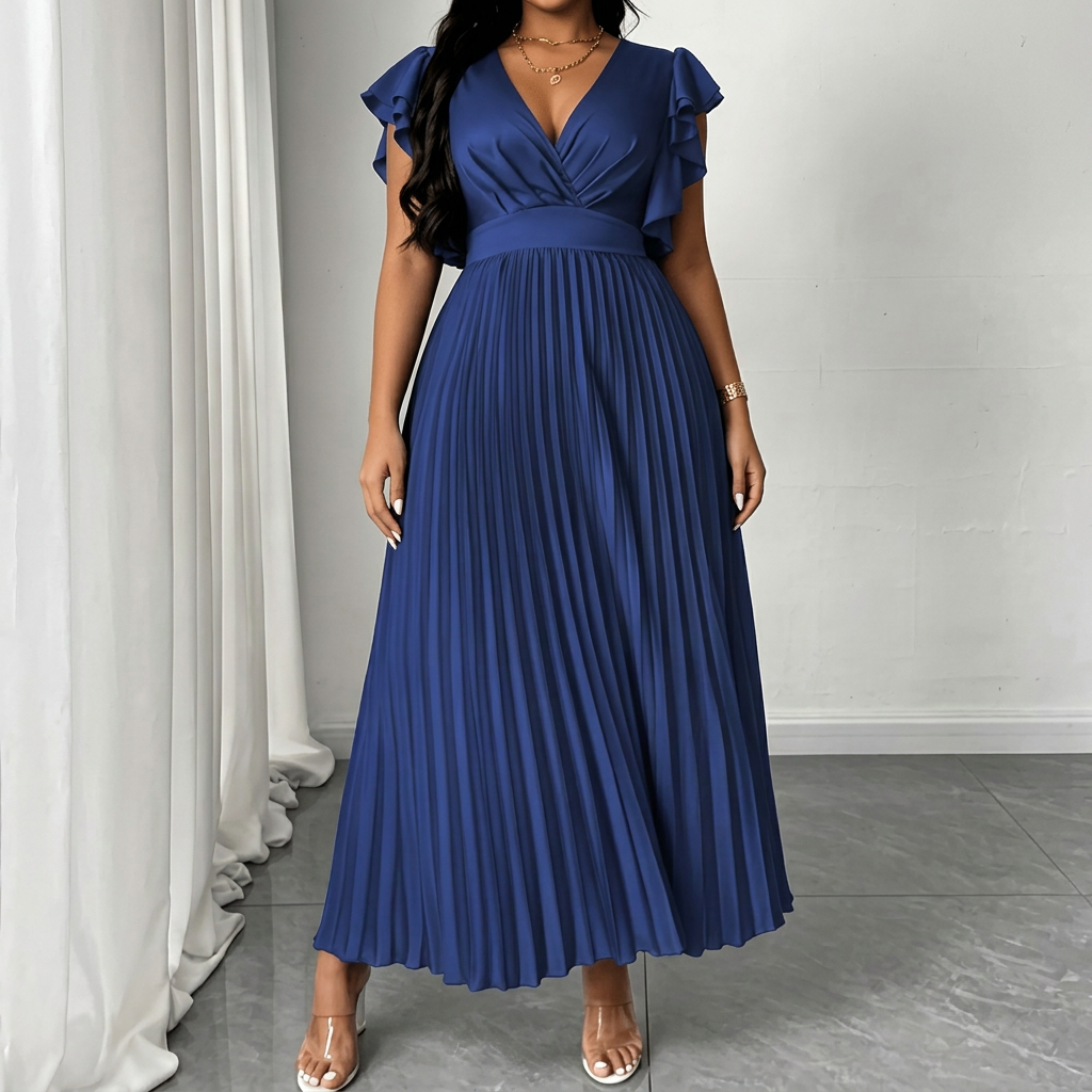 Robe Femme Cache-Cœur Longue Plissée à Manches Volantées