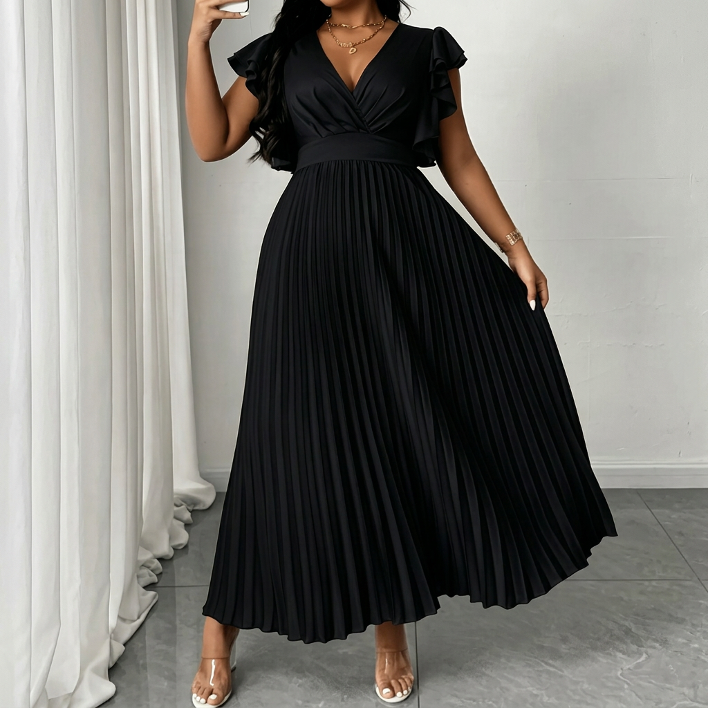 Robe Femme Cache-Cœur Longue Plissée à Manches Volantées