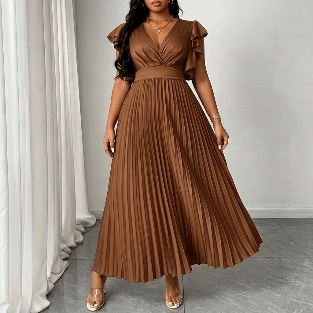 Robe Femme Cache-Cœur Longue Plissée à Manches Volantées