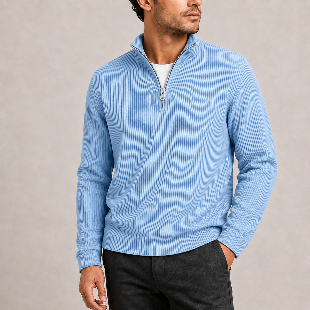 Pull Homme Col Zippé Maille Côtelée