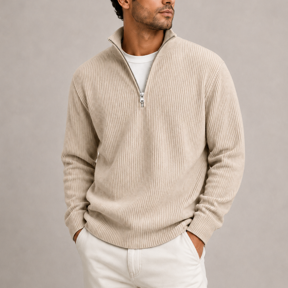 Pull Homme Col Zippé Maille Côtelée