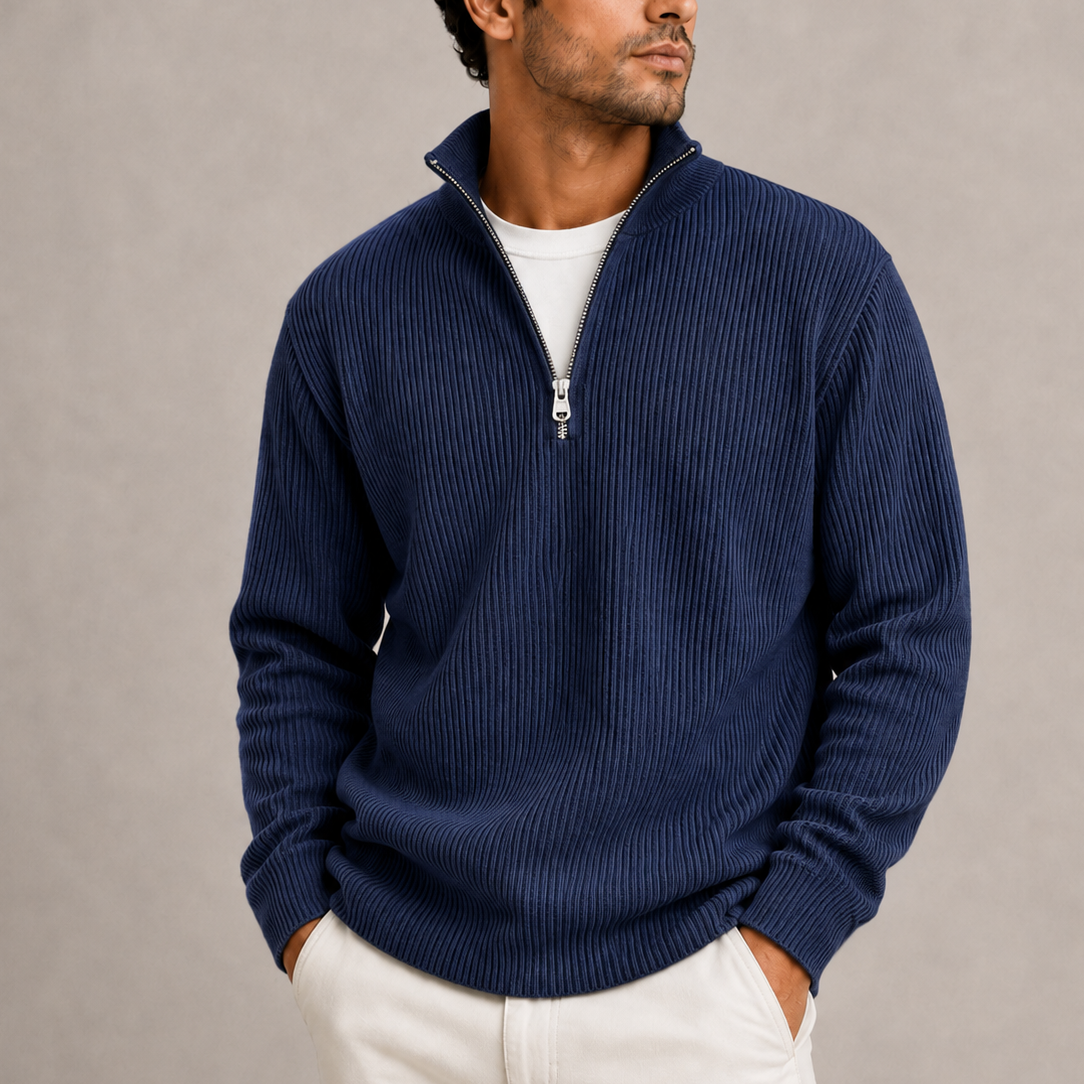 Pull Homme Col Zippé Maille Côtelée