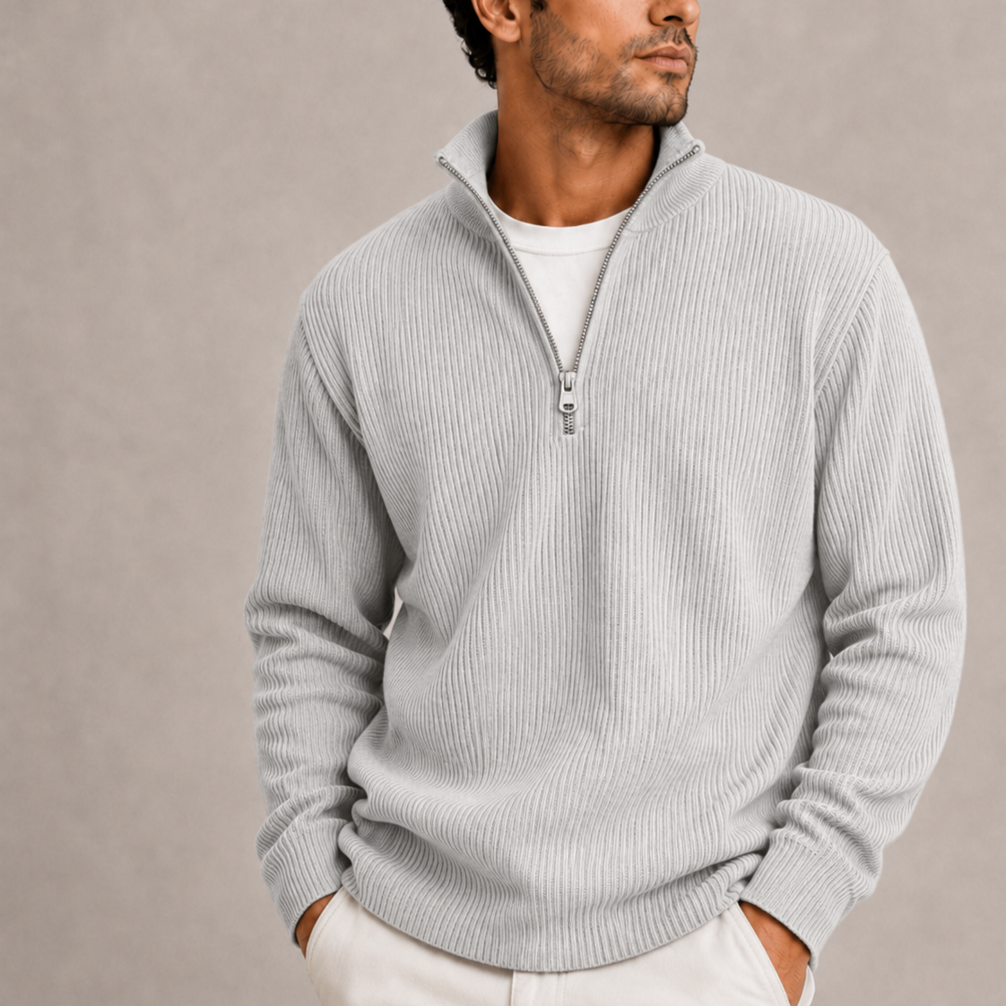 Pull Homme Col Zippé Maille Côtelée