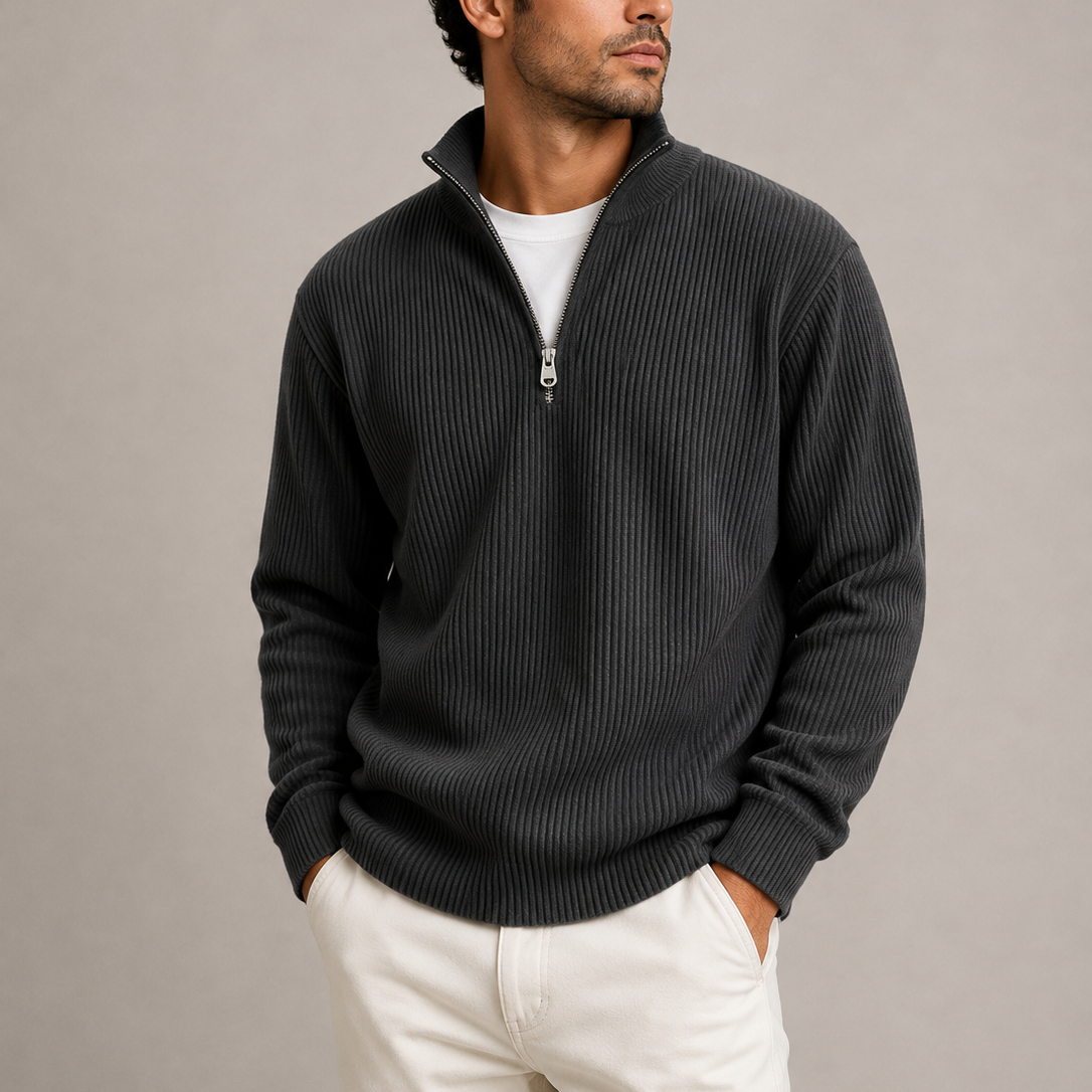 Pull Homme Col Zippé Maille Côtelée