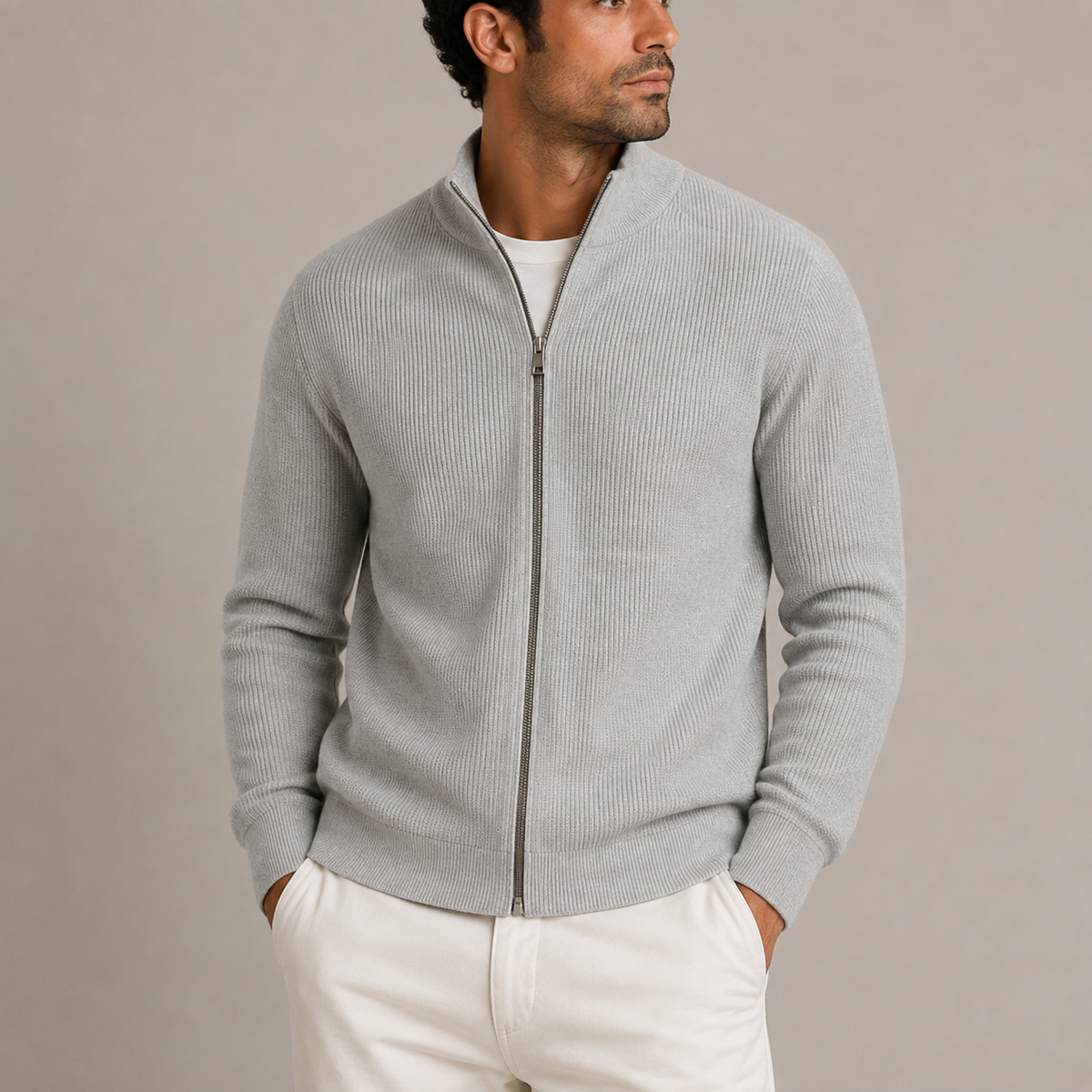 Gilet Homme Zippé Côtelé – Cardigan Tricot Col Montant