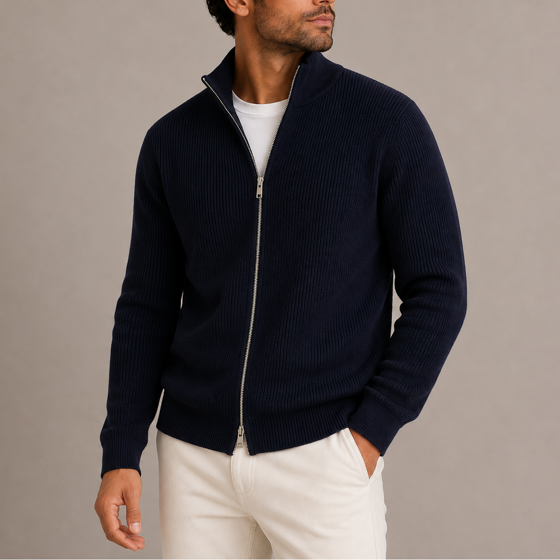 Gilet Homme Zippé Côtelé – Cardigan Tricot Col Montant