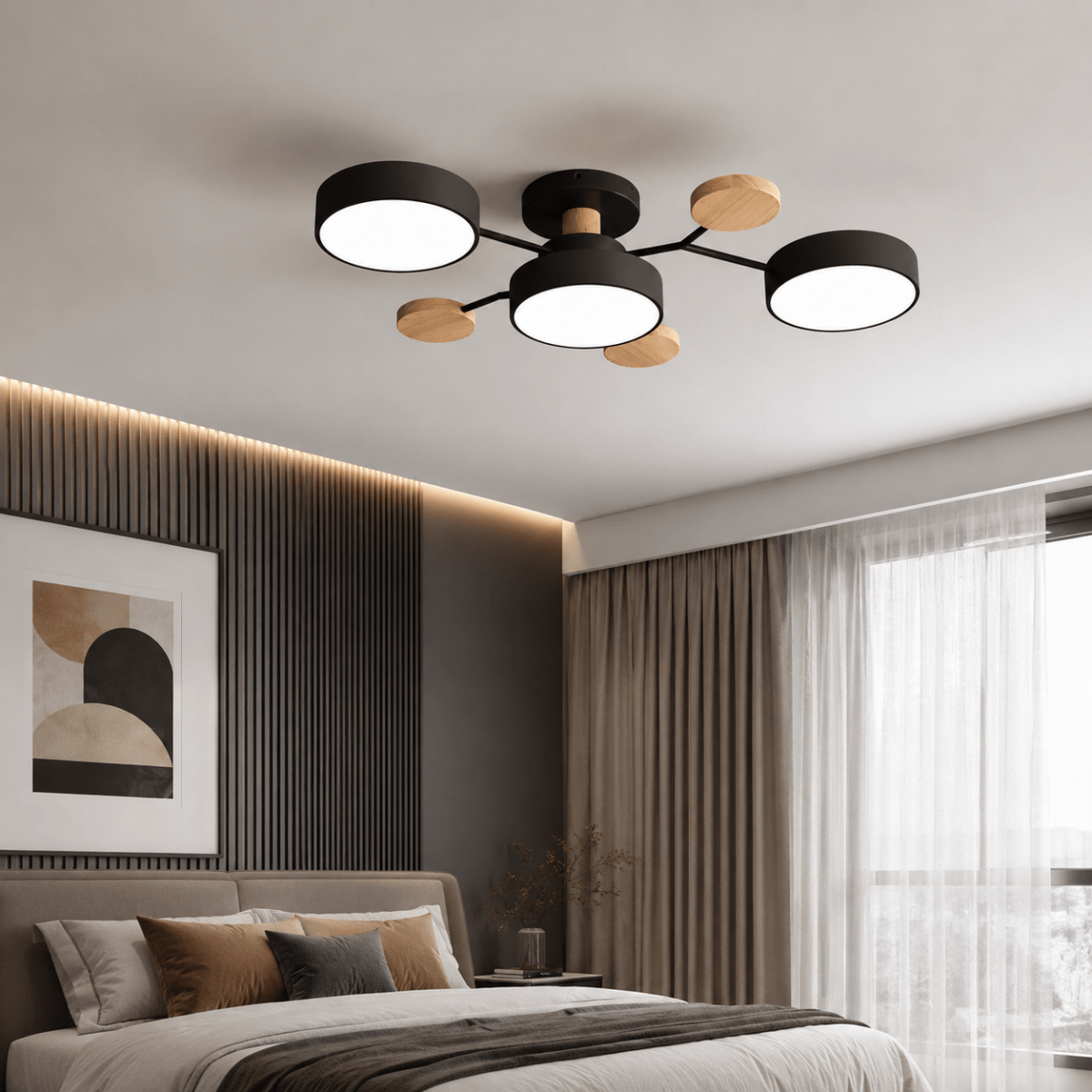 Plafonnier LED Rond Design Minimaliste en Métal et Bois