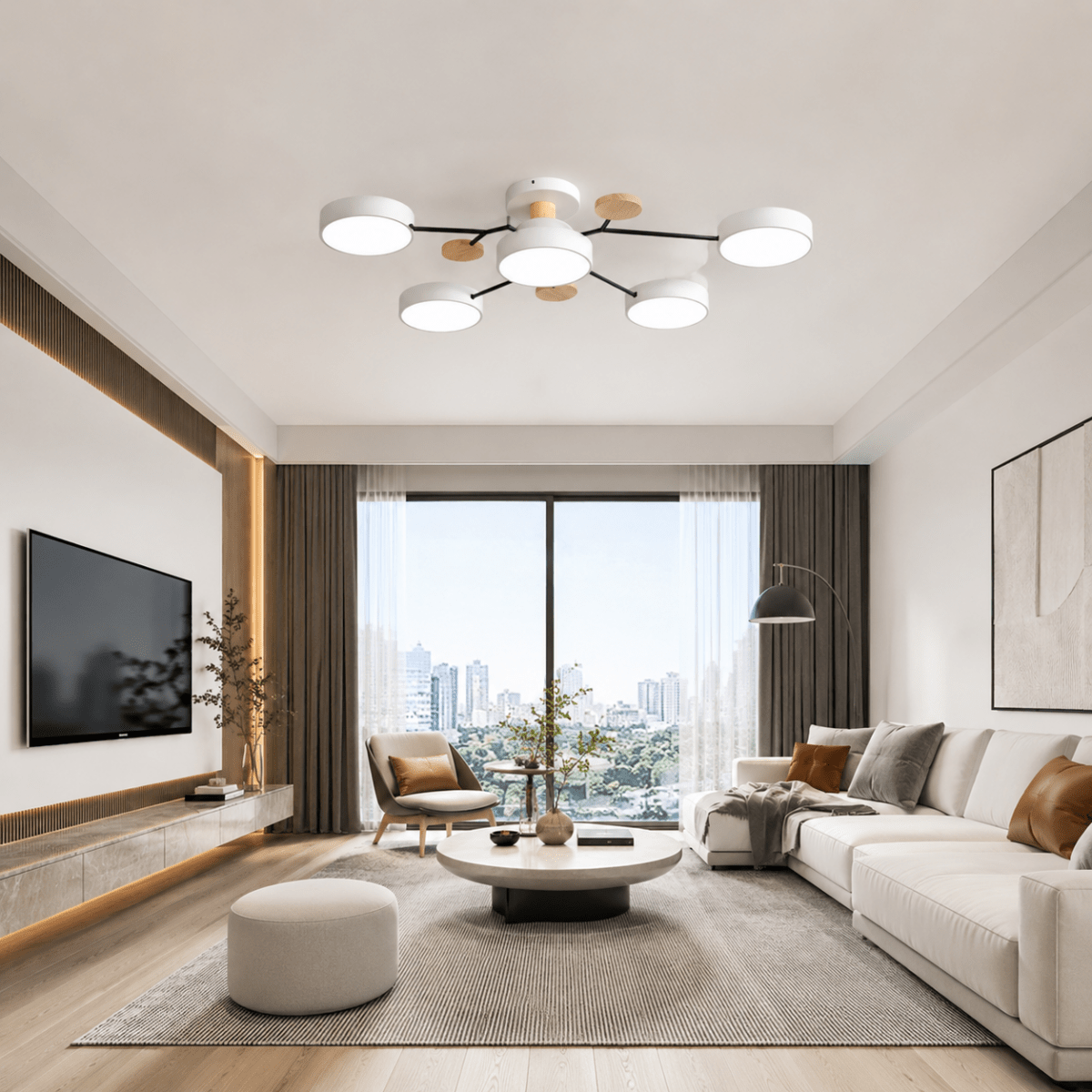 Plafonnier LED Rond Design Minimaliste en Métal et Bois