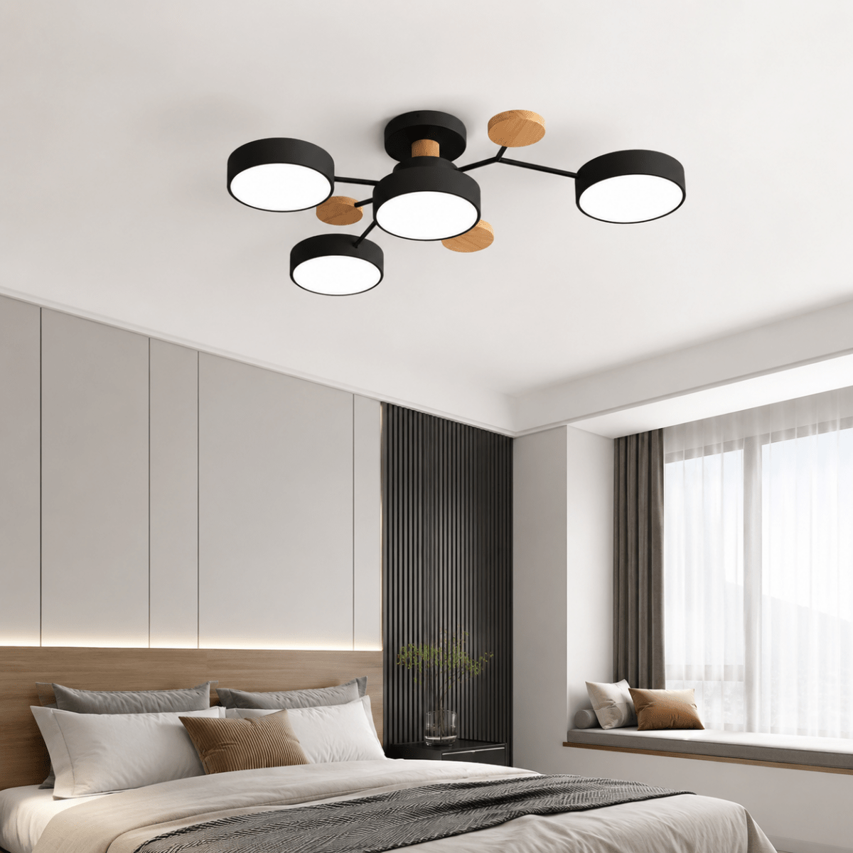 Plafonnier LED Rond Design Minimaliste en Métal et Bois