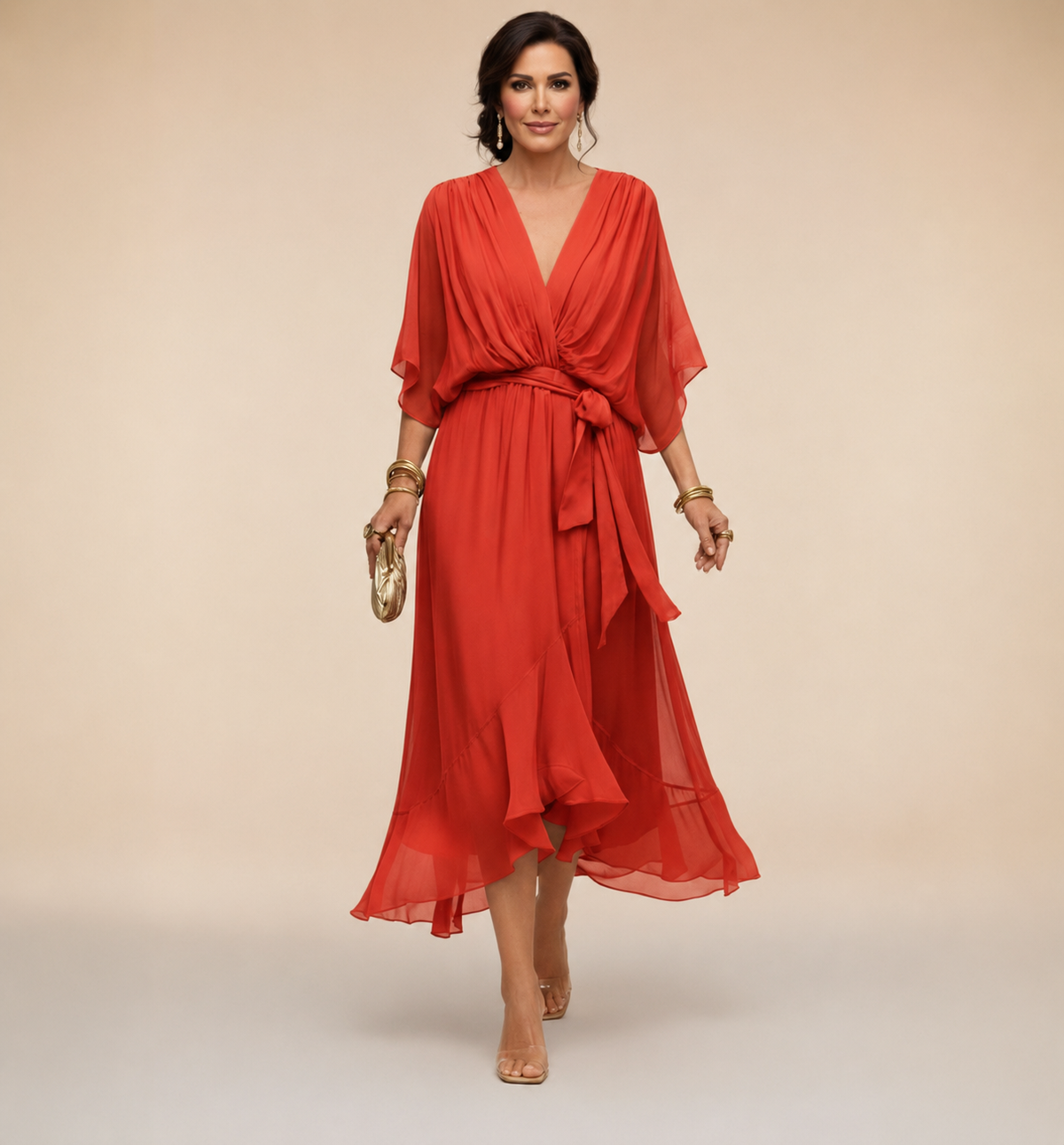 Robe Portefeuille Midi Femme Col V, Manches 3/4
