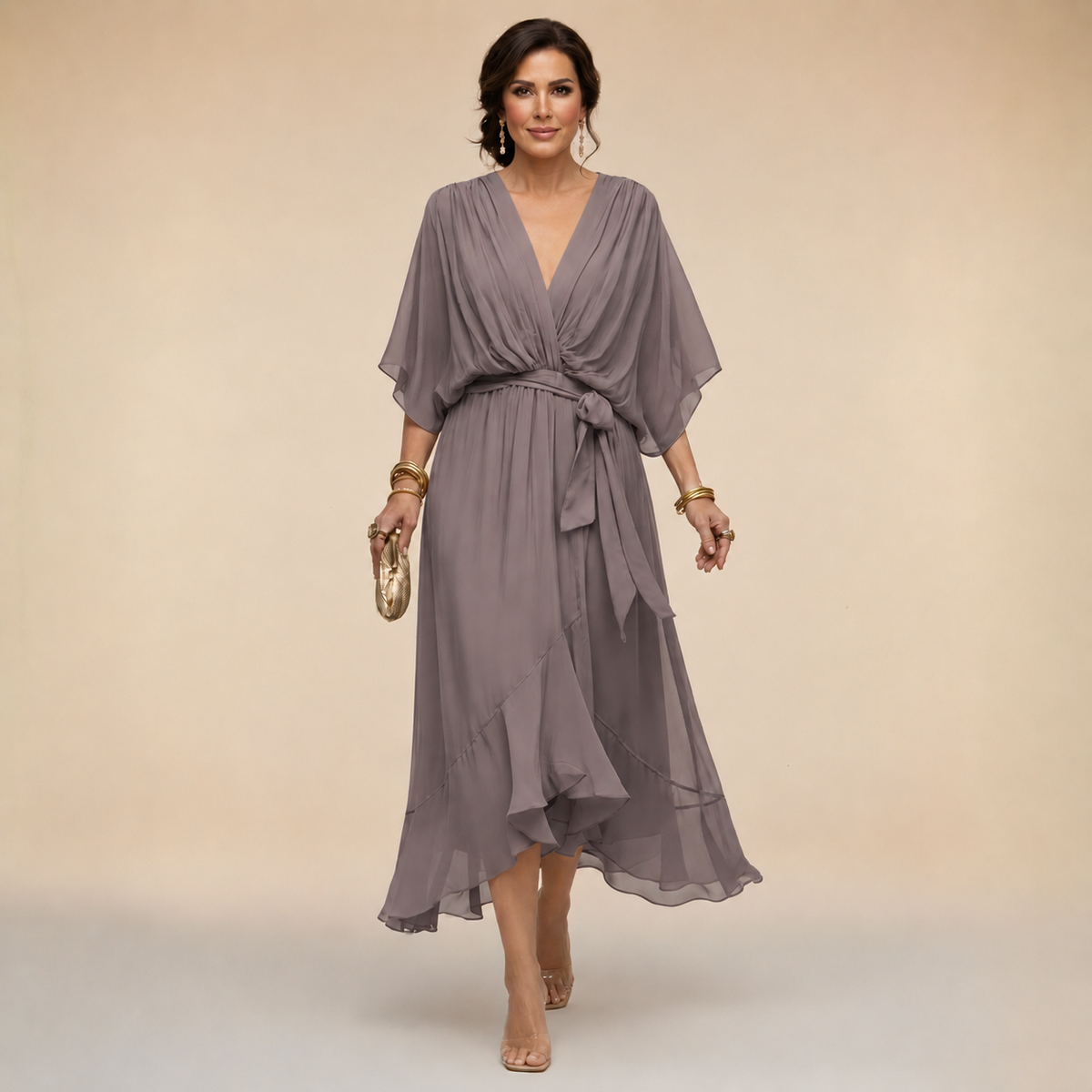 Robe Portefeuille Midi Femme Col V, Manches 3/4