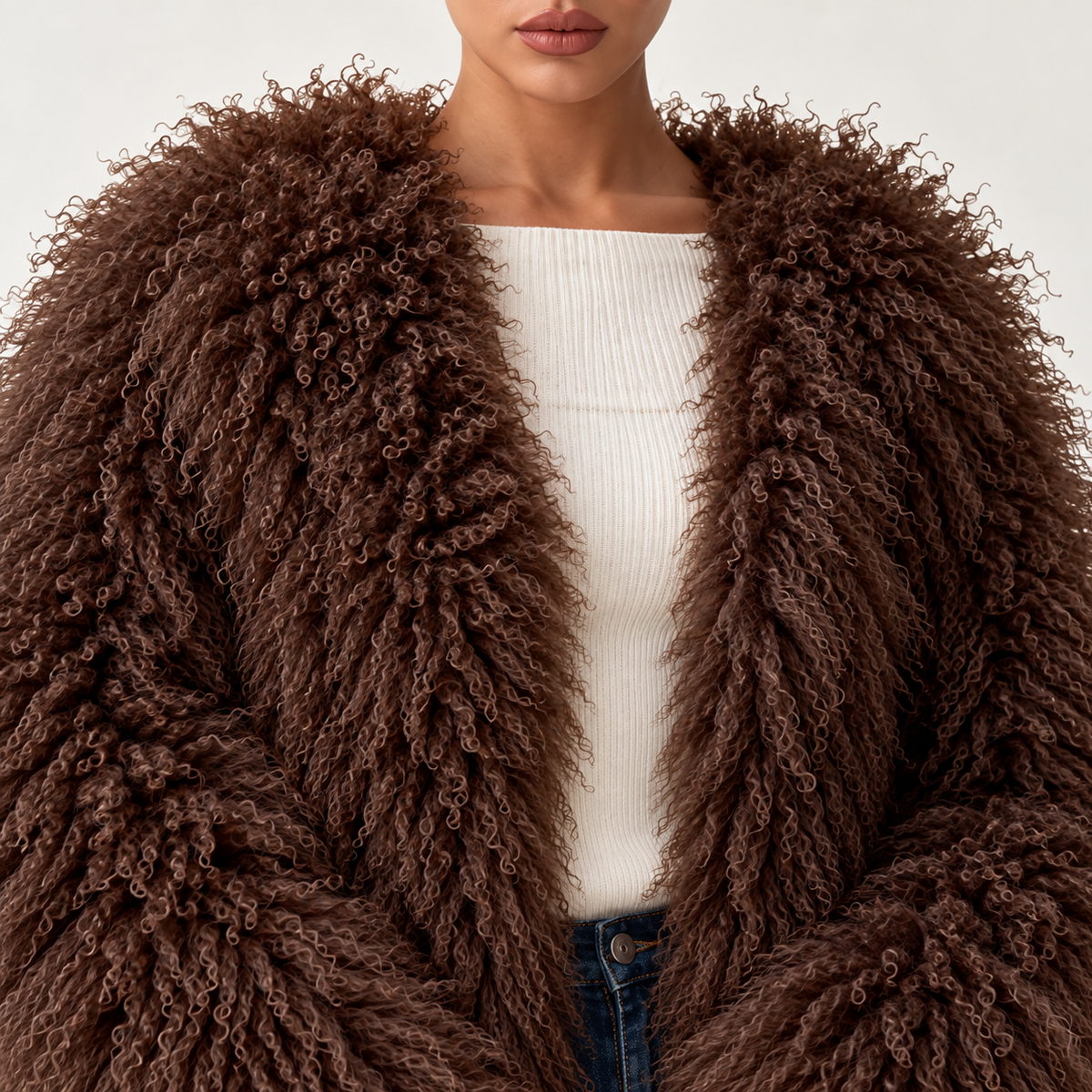 Women's Long Faux Fur Jacket with Long Pile, Loose-Fitting, Open-Front Style
