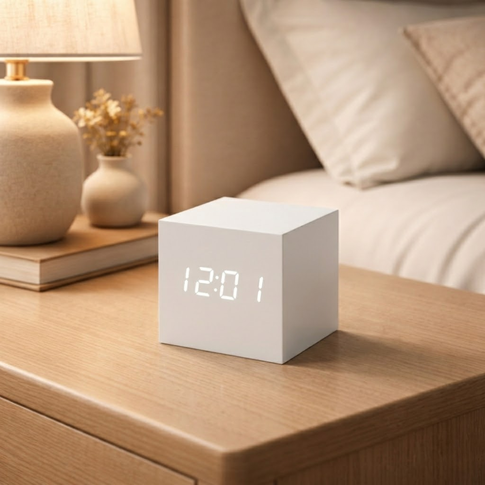 Reloj LED – Acabado en madera mate, diseño compacto para el dormitorio o el despacho