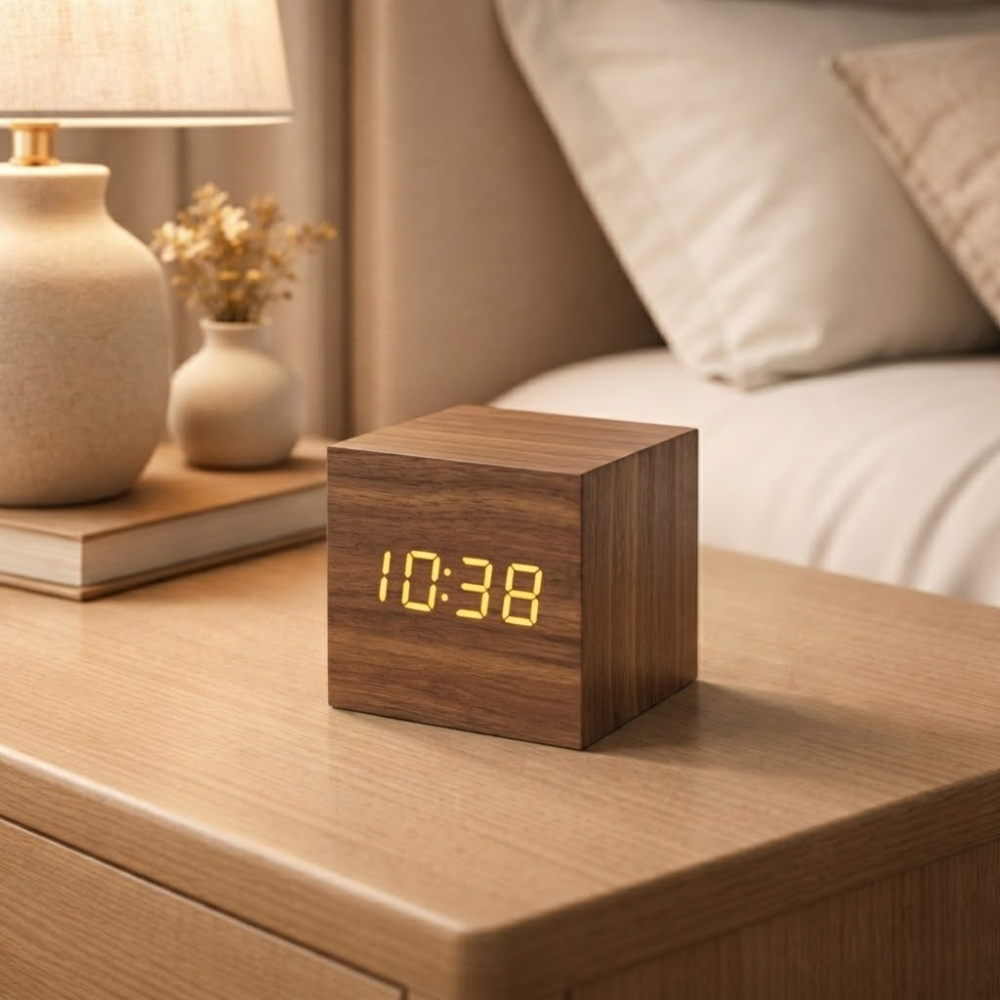Reloj LED – Acabado en madera mate, diseño compacto para el dormitorio o el despacho