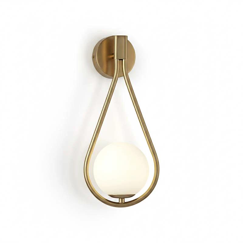 DARBE Nordic Brass Wall Light, wall-mounted brass frame with frosted glass globe on a white wall.