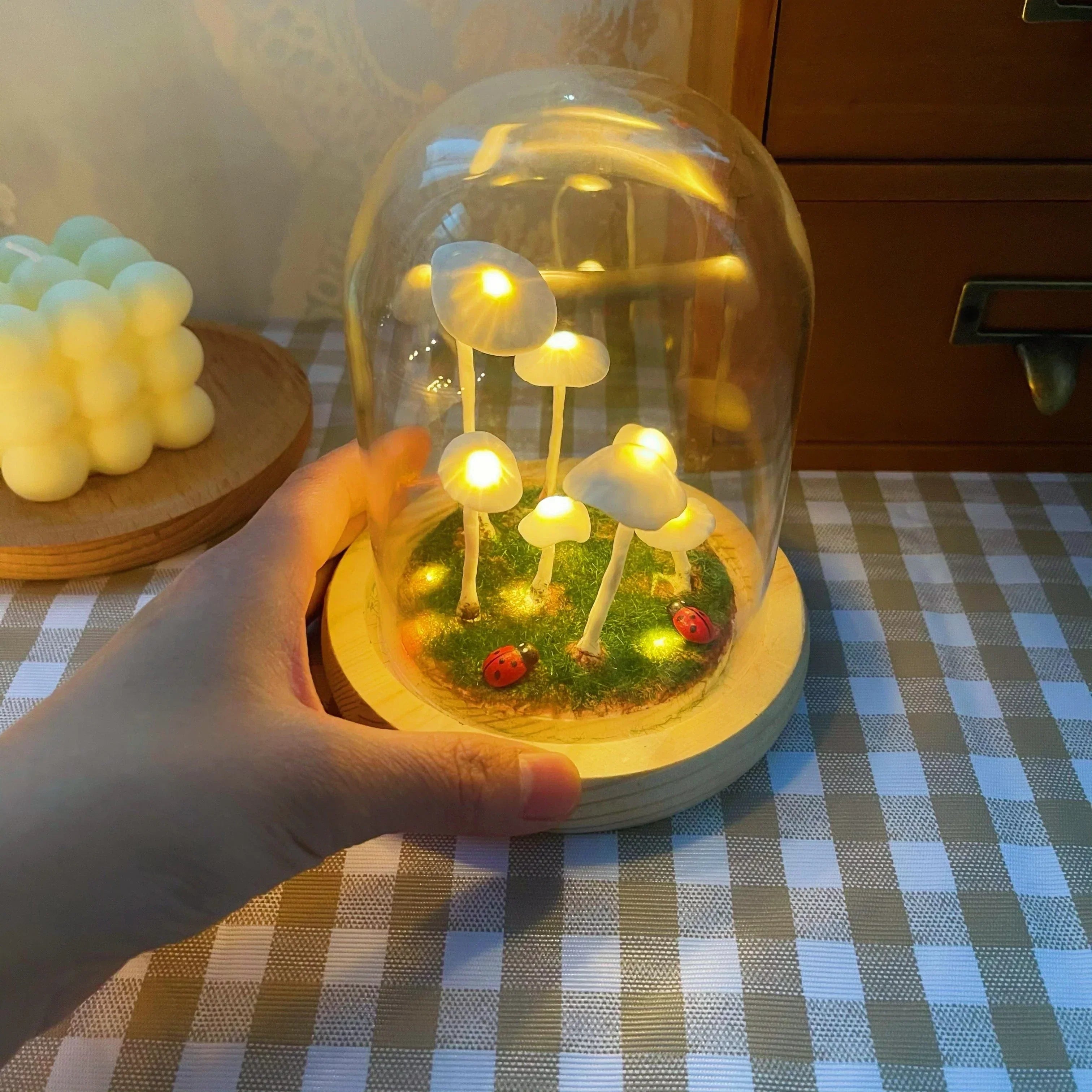 DIY Mushroom Lamp – Glass and Wood, Creative Table Decoration for the Living Room or Bedroom