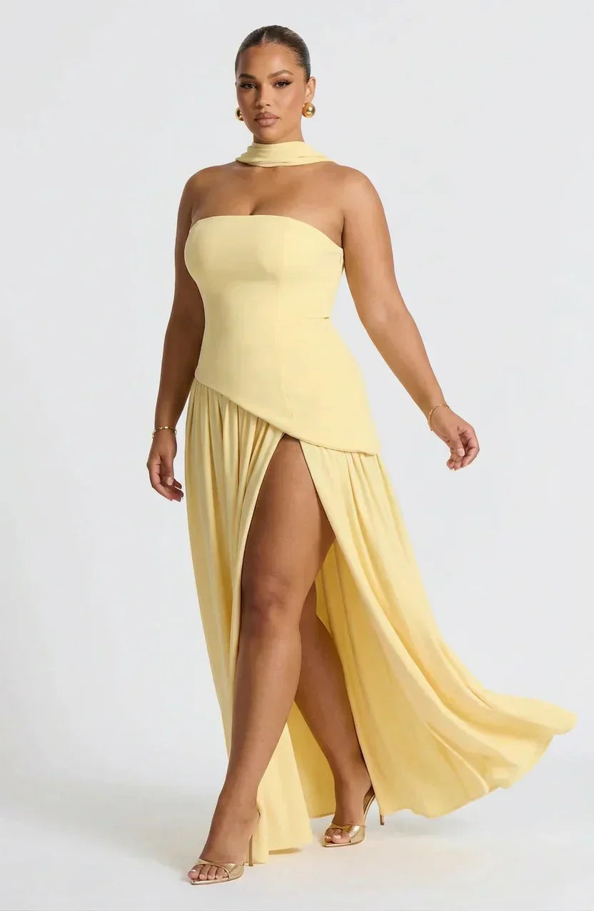 Robe Longue Bustier Noire et Blanche à Fente Asymétrique