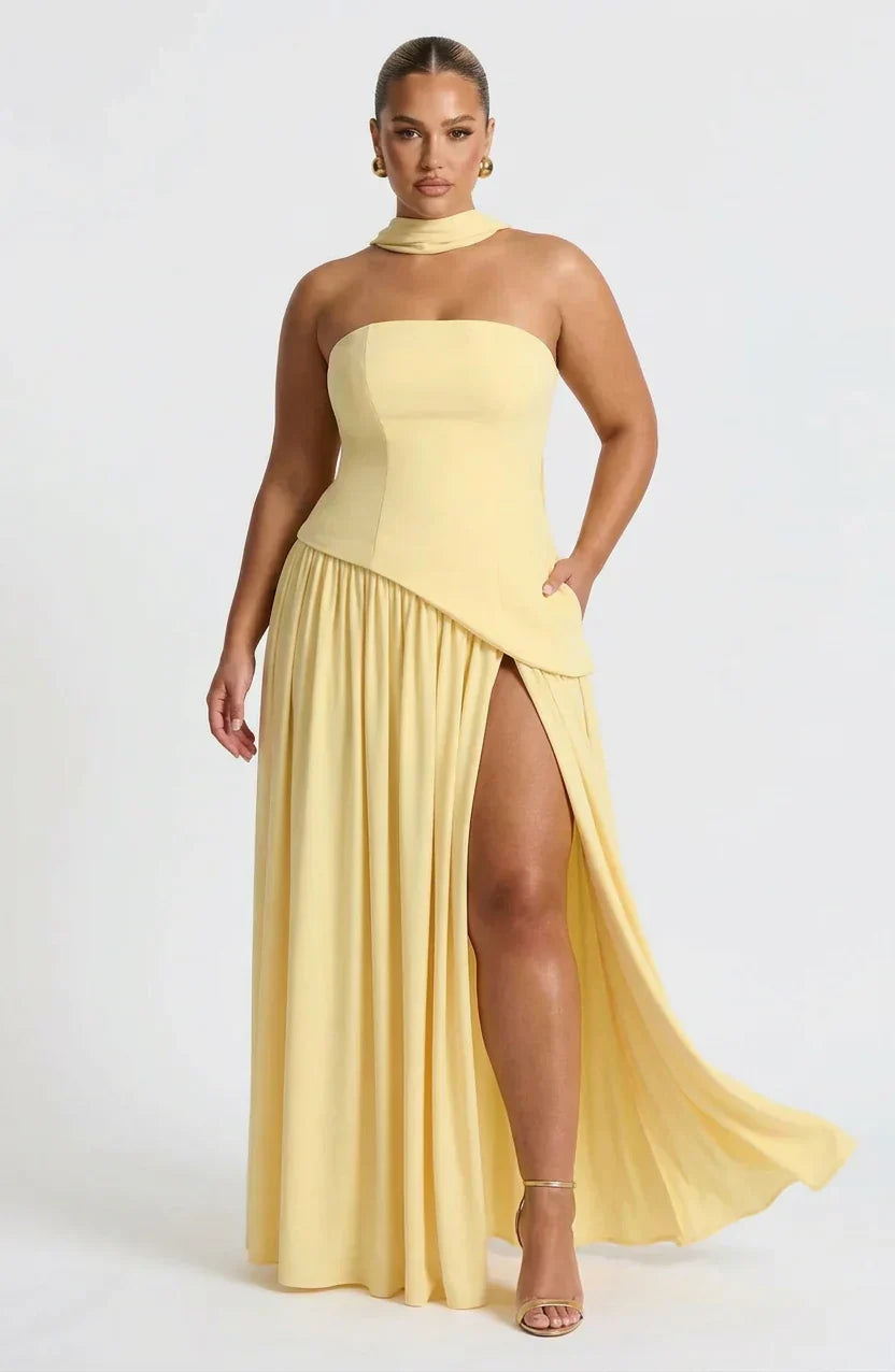 Robe Longue Bustier Noire et Blanche à Fente Asymétrique