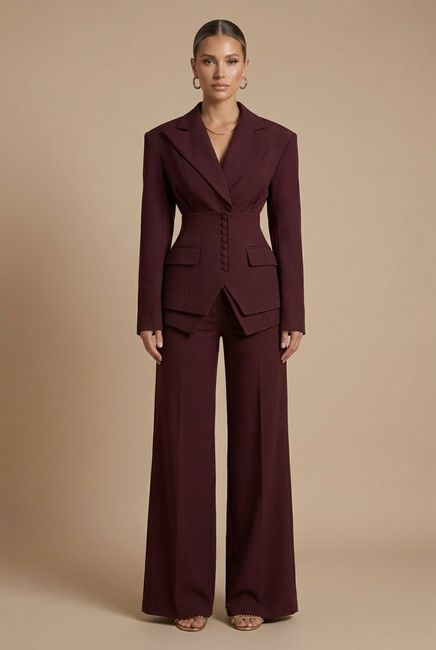 Tailleur Femme Deux Pièces Blazer Col Cranté et Pantalon Large