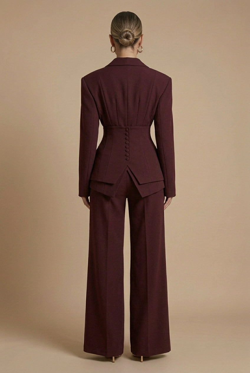 Tailleur Femme Deux Pièces Blazer Col Cranté et Pantalon Large
