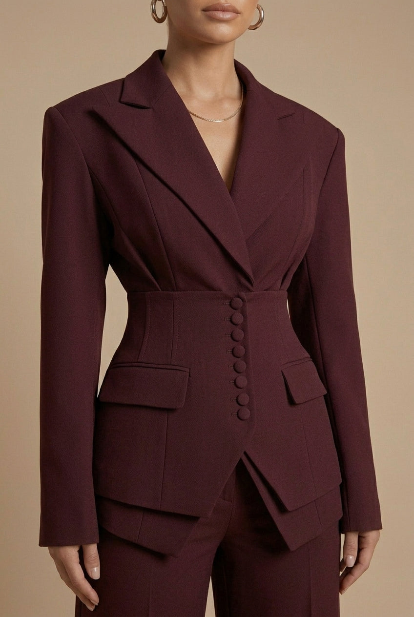 Tailleur Femme Deux Pièces Blazer Col Cranté et Pantalon Large