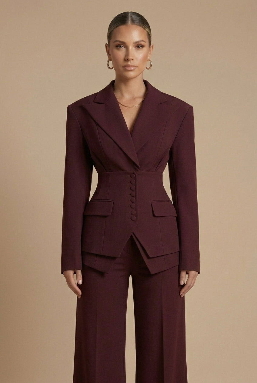 Tailleur Femme Deux Pièces Blazer Col Cranté et Pantalon Large