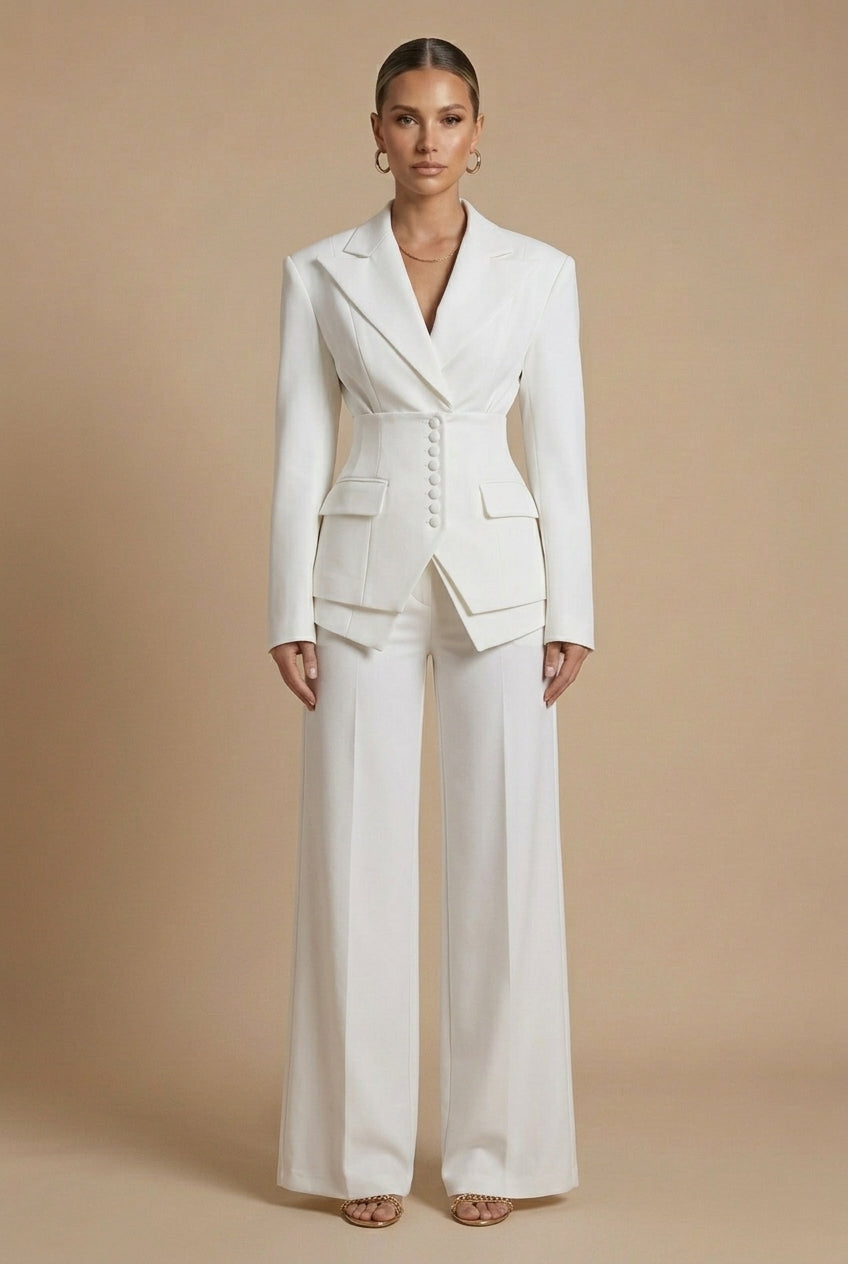 Tailleur Femme Deux Pièces Blazer Col Cranté et Pantalon Large
