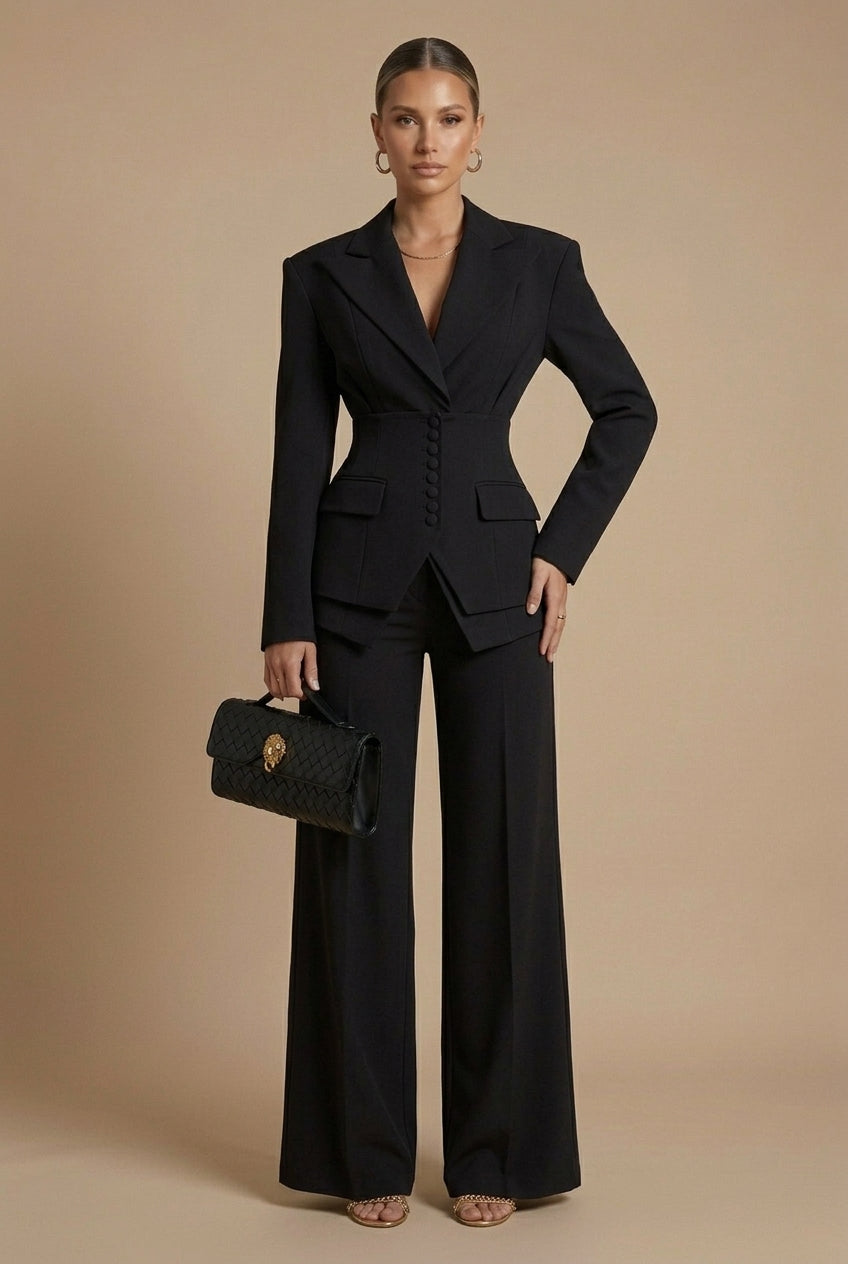 Tailleur Femme Deux Pièces Blazer Col Cranté et Pantalon Large