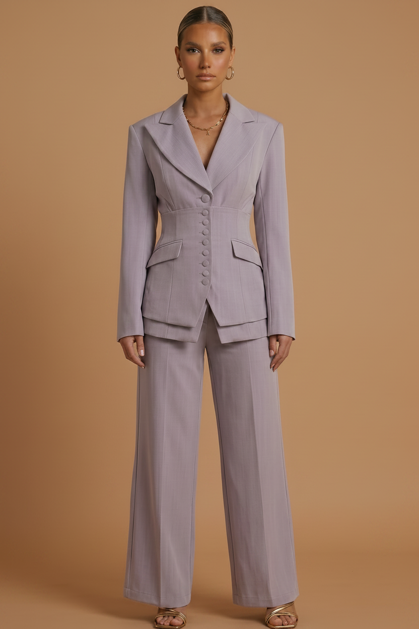 Tailleur Femme Deux Pièces Blazer Col Cranté et Pantalon Large
