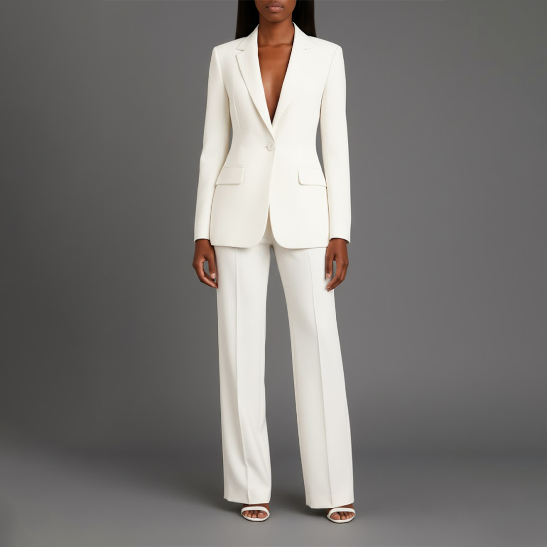 Tailleur Femme Chic Blazer Long Ajusté et Pantalon Assorti