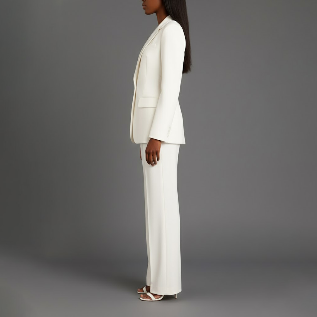 Tailleur Femme Chic Blazer Long Ajusté et Pantalon Assorti