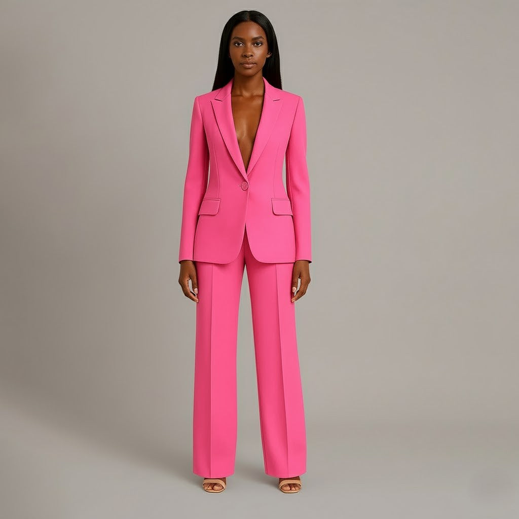 Tailleur Femme Chic Blazer Long Ajusté et Pantalon Assorti