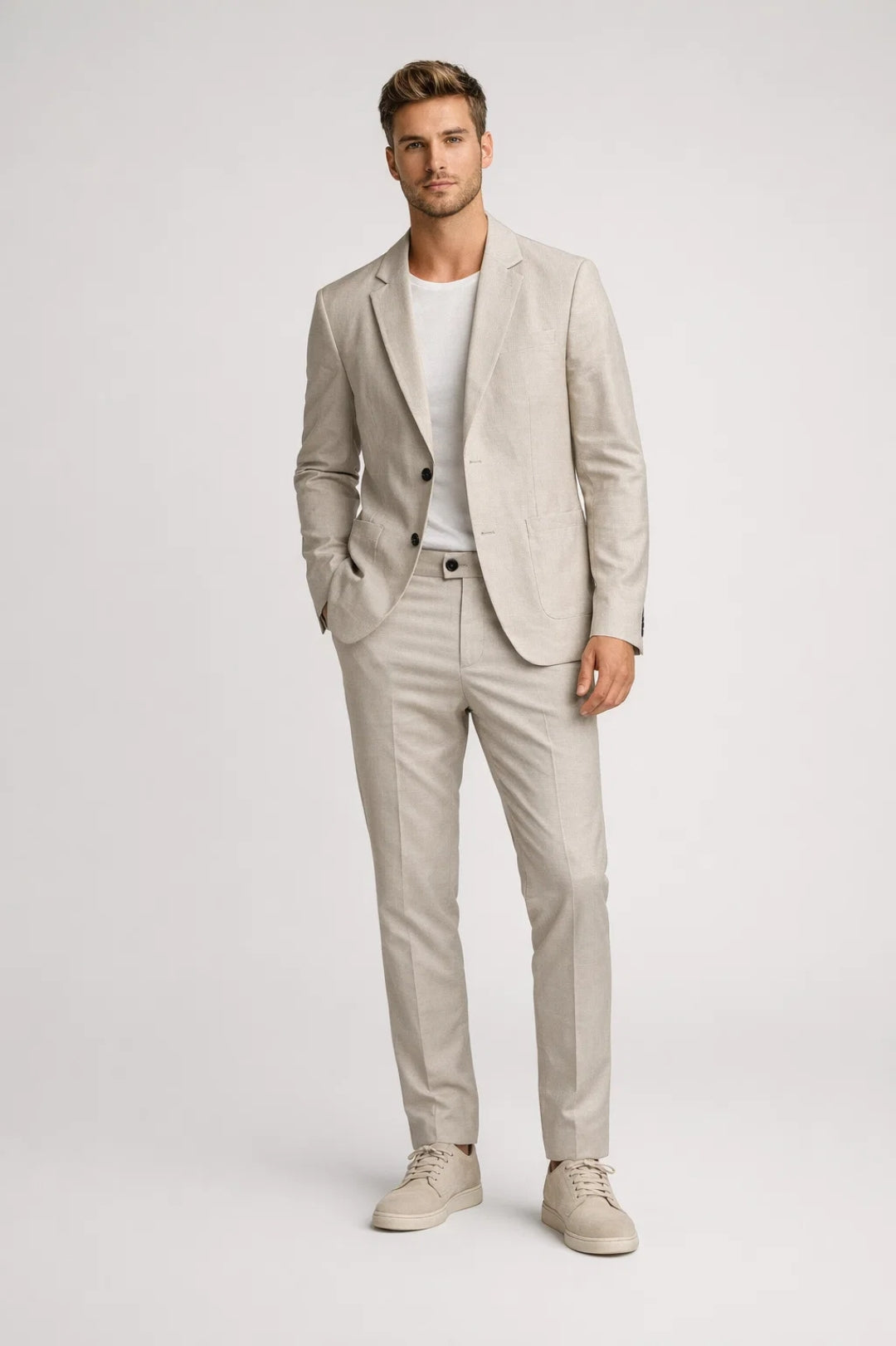 Ensemble Homme Veste et Pantalon Beige Clair Coupe Ajustée