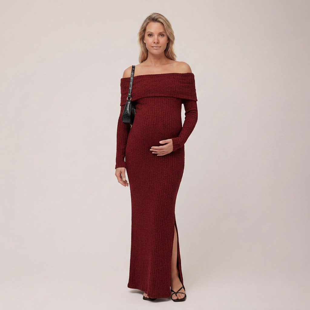 Robe de Grossesse Maxi Bordeaux Épaules Dénudées Manches Longues
