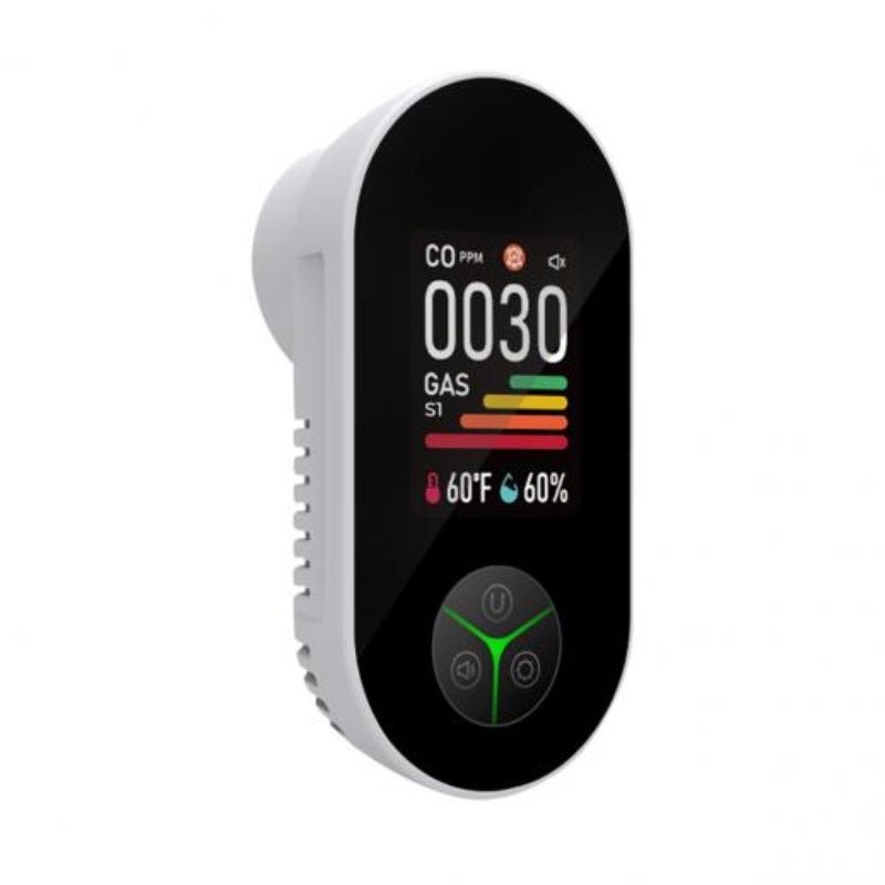 Digital gas detector with a black screen displaying readings on a white background