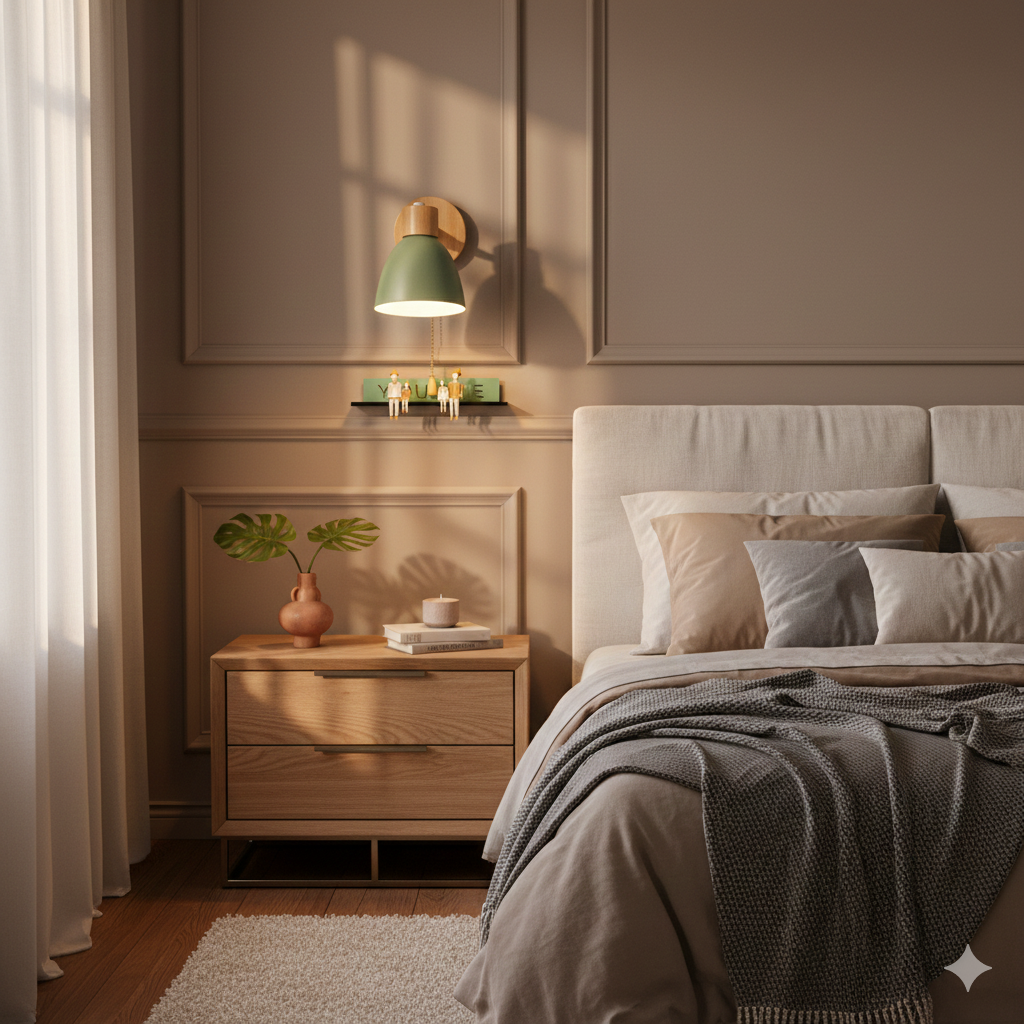Applique Murale Bois et Métal, Bras Orientable et Abat-jour Conique
