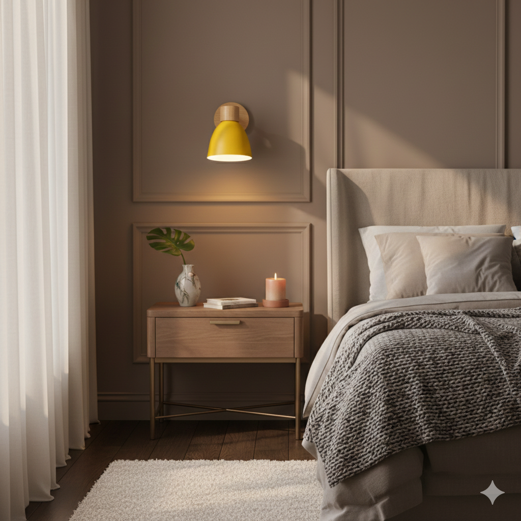 Applique Murale Bois et Métal, Bras Orientable et Abat-jour Conique