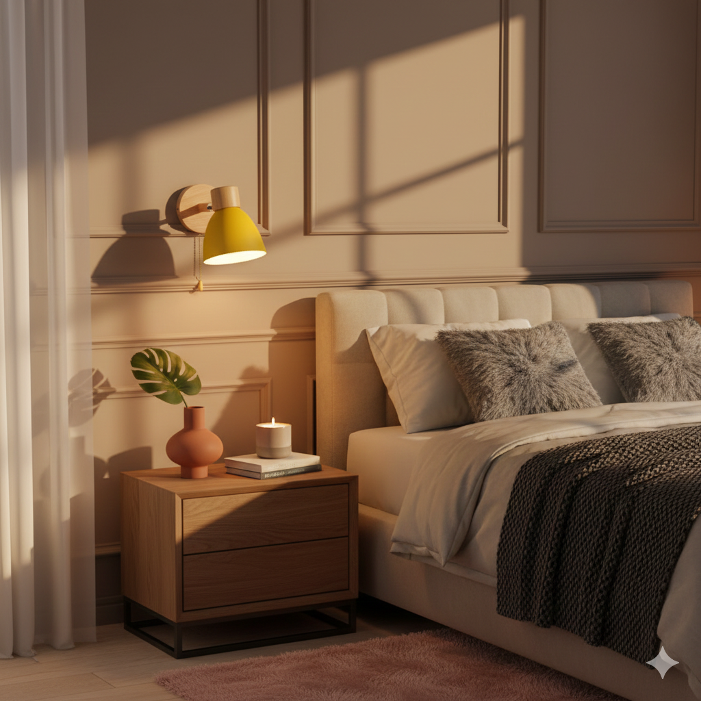 Applique Murale Bois et Métal, Bras Orientable et Abat-jour Conique