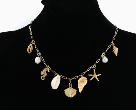 Collier Femme Pendentif Perle Nacrée Doré Motifs Coquillage