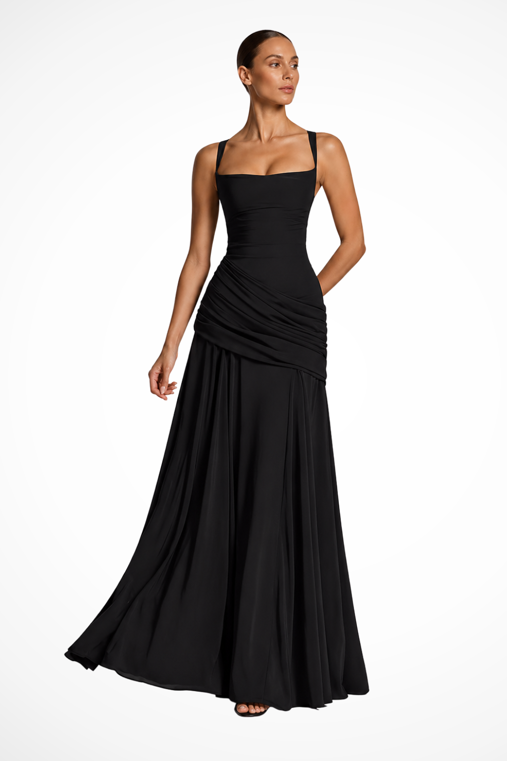 Robe Longue Femme Col Carré Froncée avec Fente Latérale
