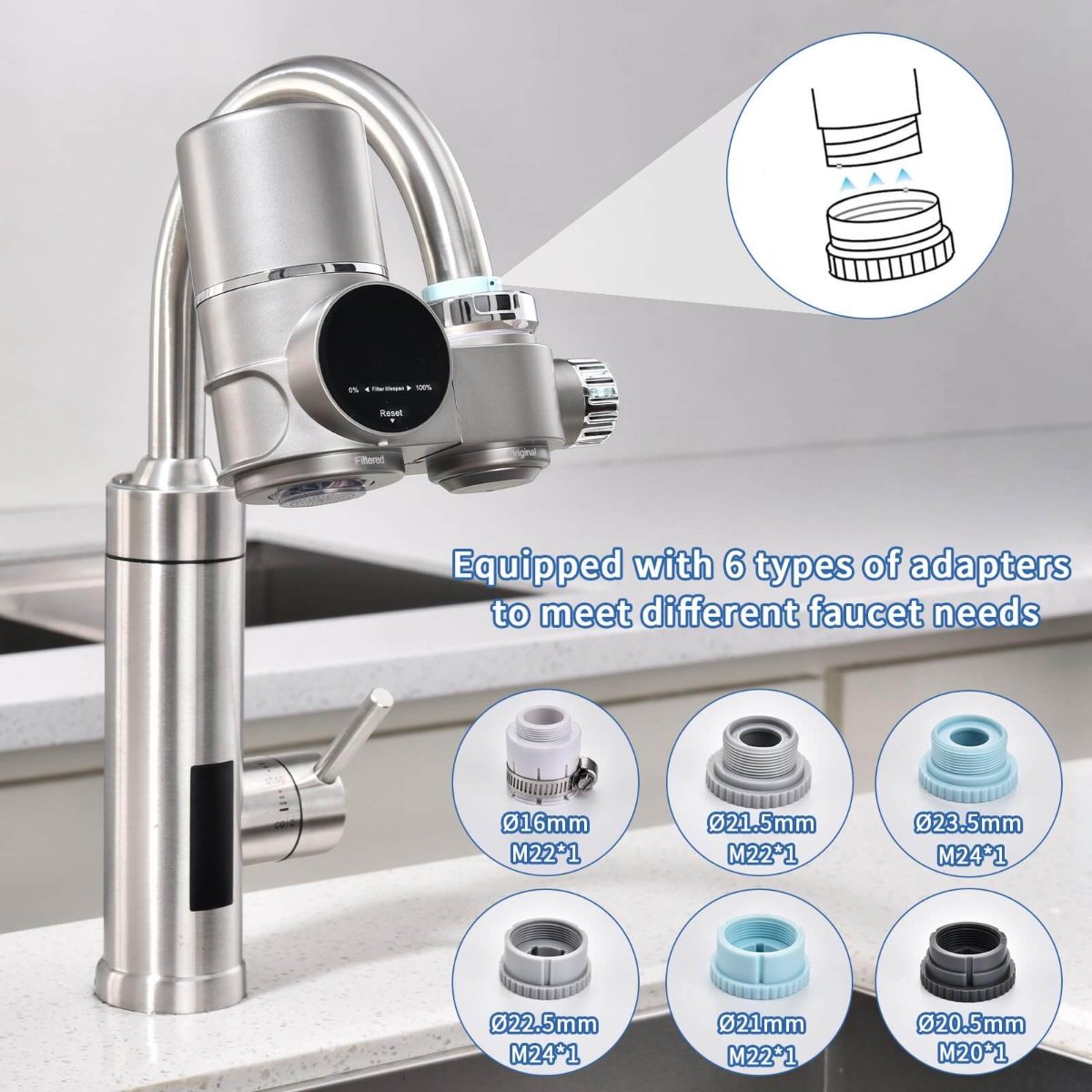 Kraanwaterfilter met LED-display – van ABS en roestvrij staal van voedingskwaliteit voor in de keuken, met twee waterstanden