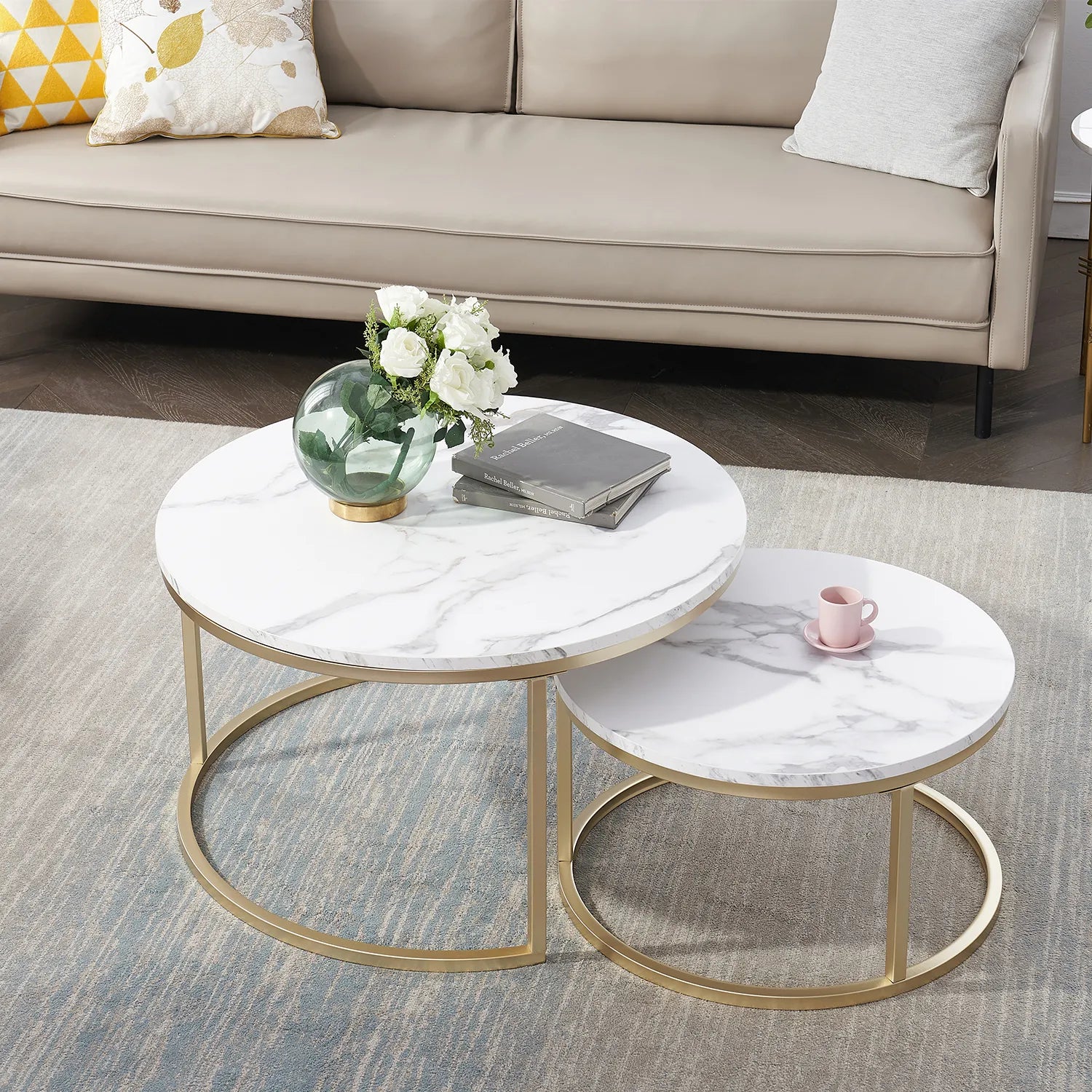 Round Table Set – White Marble with Gold Accents for Modern Living Room Decor