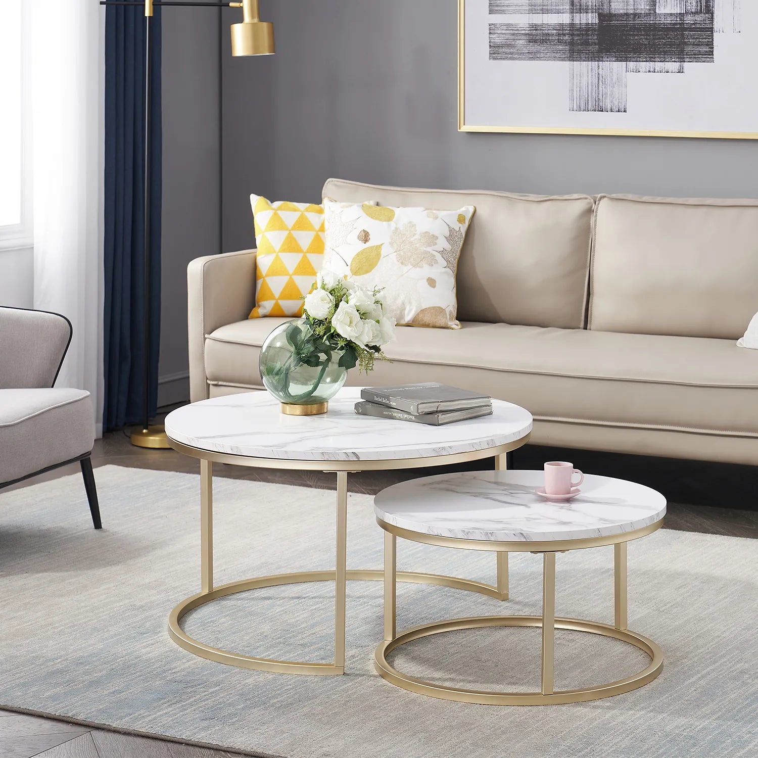 Round Table Set – White Marble with Gold Accents for Modern Living Room Decor